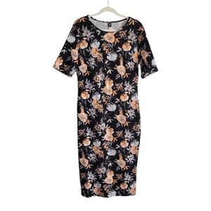 Women's Black & Orange Floral Knit Bodycon Midi Dress Size 1X Fits Like XL Shein